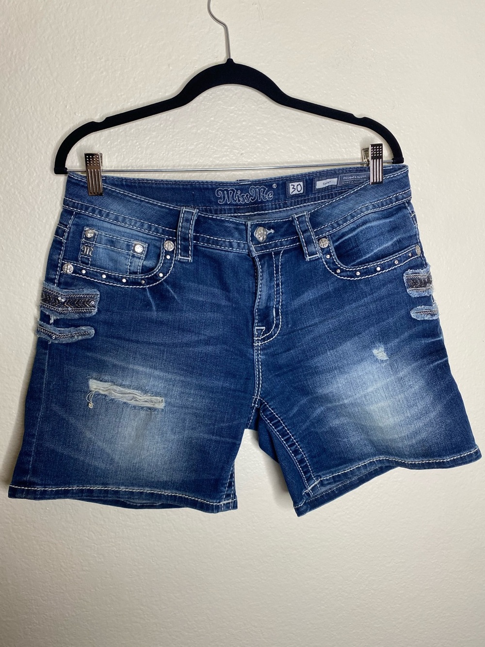 Miss Me Blue Distressed Studded Denim Shorts